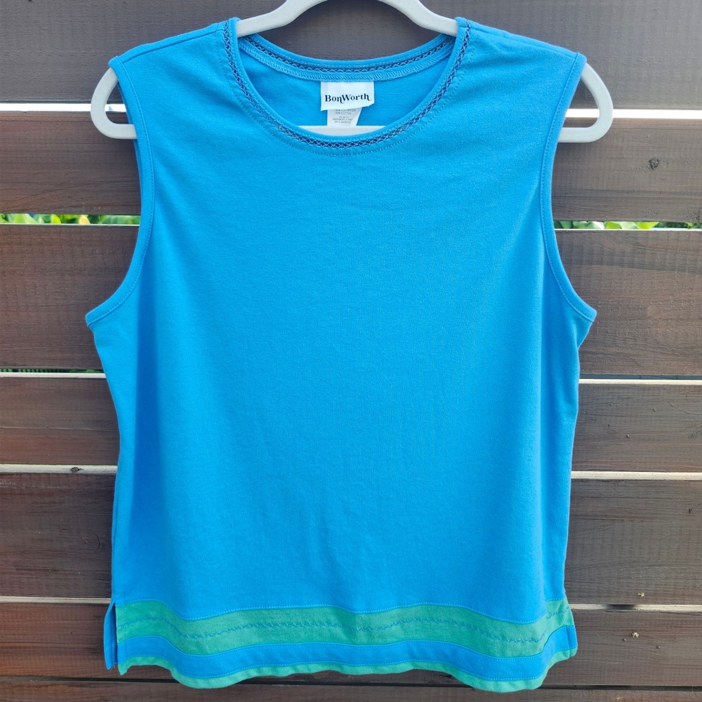 BonWorth Sleeveless Knit Top | Blue & Green | L Petite‎ | Grandma Chic